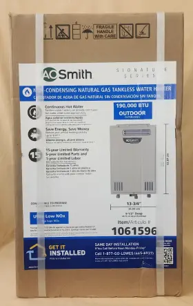 1061596 A. O. Smith Ao 190 000 Btu 8 Gpm Natural Gas Outdoor Tankless Non-cond. Water Heater