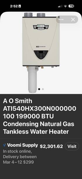 A. O. Smith Ati-540hx3-n Ao Ati540hx300n 100 199000 Btu Condensing Naturalgas Tankless Water Heater