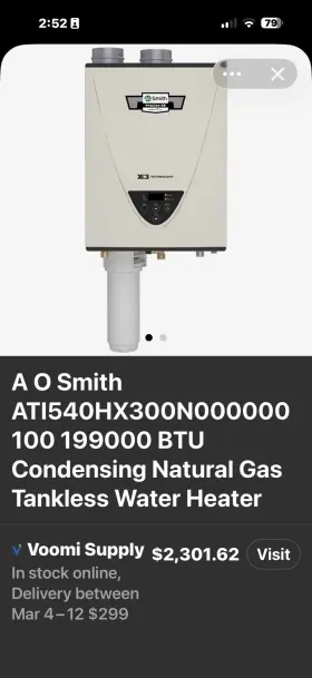 Ati540hx300n A. O. Smith Ati-540hx3-n Ao 100 199000 Btu Condensing Naturalgas Tankless Water Heater