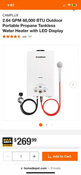 Bw264 Camplux 2.64 Gpm Propane Portable Gas Water Heater 68 000 Btu Outdoor Tankless