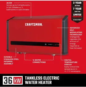 Cmxtepa0036 Craftsman 810010534613 36kw 240-volt 7.3 Gpm Electric Tankless Water Heater