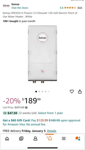 Spex65 Eemax Flowco Point-of-use Tankless Electric Water Heater 6.5kw 240v/208v