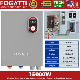 15000w Fogatti 15kw 240v Electric Tankless Water Heater Whole House Instant Hot On-demand Led