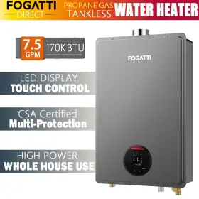 Fdg-cf170g-lp Fogatti 24l Propane Gas Tankless Water Heater 170 000 Btu 7.5 Gpm Instant Hot