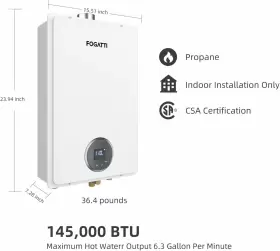 Fdg370ina Fogatti Indoor Tankless Water Heater 6.3gpm Instant Hot Whole House 145000btu