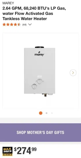 G10flp Marey 2.64 Gpm 68 240 Btus Lp Gas Water Flow Activated Tankless Heater
