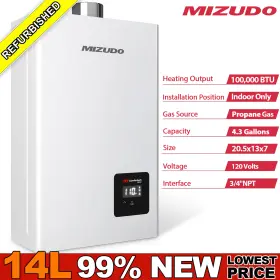 Mizudo 797422762165 Gas Tankless Water Heater Propane Instant On Demand Hot Boiler 4.3gpm 14l