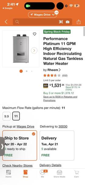 Rheem Ecoh200dvrn Performance Platinum 11 Gpm High Efficiency Indoor Tankless Natural Gas W