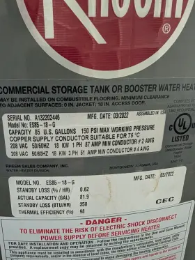 Es85-15-g Rheem 85 Gallon 15kw Commercial Electric Water Heater