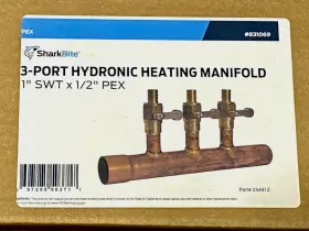 831069 Sharkbite 697285503717 Copper 1 X 1/2 3-port Hydronic Radiant Heating Manifold -new