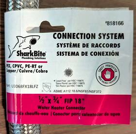 Sharkbite U3068fx18lfz New 1/2 Inch X 3/4 Fip 18 Water Heater Connector