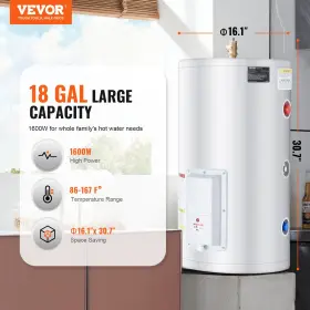 Vevor 197988121251 18 Gallon Electric Water Heater Instant Hot 1.6kw Led Display For Shower