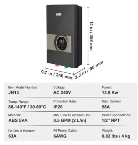 Jrsrsq18kwledea4w Vevor 18kw Instant Hot Tankless Water Heater Electric Boiler For Shower Bathroom