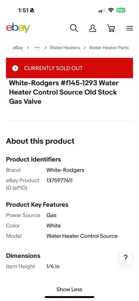 F145-1293 White Rodgers Gas Water Heater Controller- Brand New