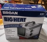 Broan 6201 1500W Portable Electric Heater, Thermostat, Fan, Gray Steel Open. Price: $89.99.