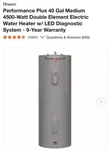 Rheem Performance Plus 40 Gal Electric Water Heater 4500-WATT New. Price: $550.00.