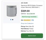 A.o. Smith Signature 100 12-GALLON Compact 1500W Storage Tank Water Heater, Gray New. Price: $250.00.