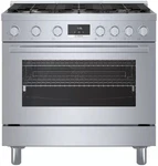 Bosch 800 Series HGS8655UC 36" Stainless Gas Range With Sealed Burners Open. Price: $3699.00.