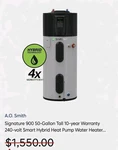 New A.o. Smith 900 50 Gal Hybrid Pump Water Heater Free Delivery + Extra. Price: $1199.95.