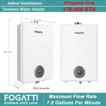 Fogatti 170,000 Btu Propane Gas Tankless Water Heater For Whole House 7.5GPM New. Price: $575.99.