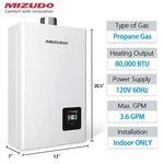 Mizudo Propane Gas Tankless Water Heater 80,000 Btu 3.6 Gpm Indoor Installed Certified. Price: $179.99.